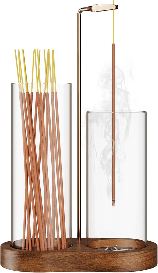 2 in 1 Incense Holder for Sticks with Glass Ash Catcher, Anti-Ash Flying Upside Down Insence Stick Burner, Modern Vertical Inscents-Sticks Holder for Yoga Spa Meditation Home Decor