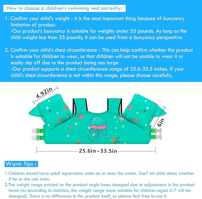 Chriffer Kids Swim Vest Life Jacket for 30-55 Pounds Boys and Girls, Toddler Floaties with Shoulder Harness Arm Wings for 2,3,4,5,6,7 Years Old Baby
