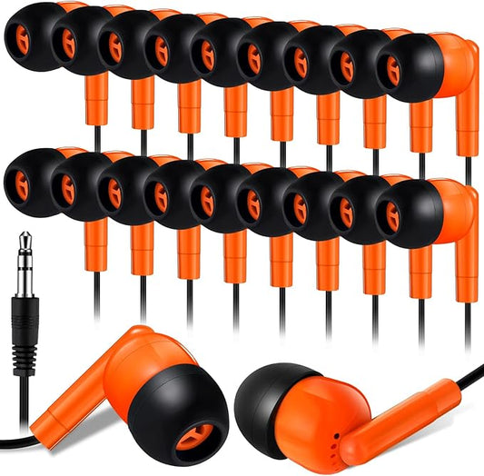 Kanayu 100 Pack Wired Earbuds Bulk for Classroom Ear Headphones Wired Basic Student Earbuds No Microphone with 3.5MM Jack for Class Laptop School Library, Individually Bagged (Orange)