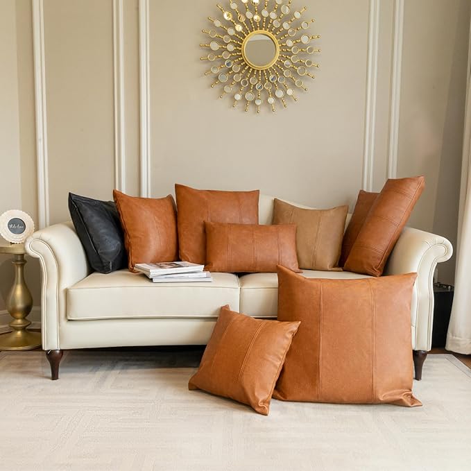 Faux Leather Throw Pillow Covers 20X20 Inch Set of 2 Brown Outdoor Modern Farmhouse Solid Decorative Pillow Covers for Room Couch Living Bedroom Bed Sofa