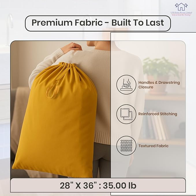 LFH Home Large Premium Cotton Canvas Laundry Bag with Drawstring and Handles Heavy Duty, Multi-Use, and Washable for Home, Travel, College or Storage 28x36 (Pack of 2)-Yellow