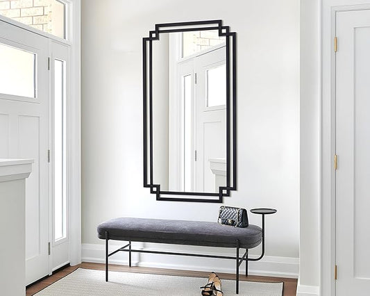 24" x 47" Large Black Mirror for Wall Decor, Elegant Living Room Mirror with Irregular and Rectangular Metal Frame, Modern Bathroom Mirror Above Sink