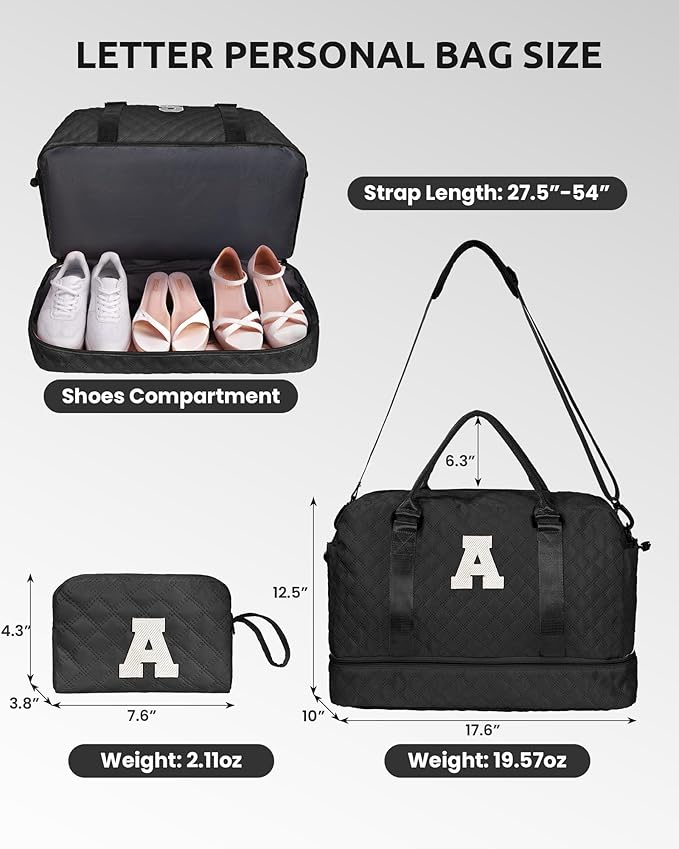 Vogewood Initial Duffle Bag with Shoe Compartment, Personalized Weekender Bag with Shoulder Strap, Overnight Bag for Women with Trolley Sleeve & Wet Pocket, Travel Bag with Makeup Bag (Letter E)