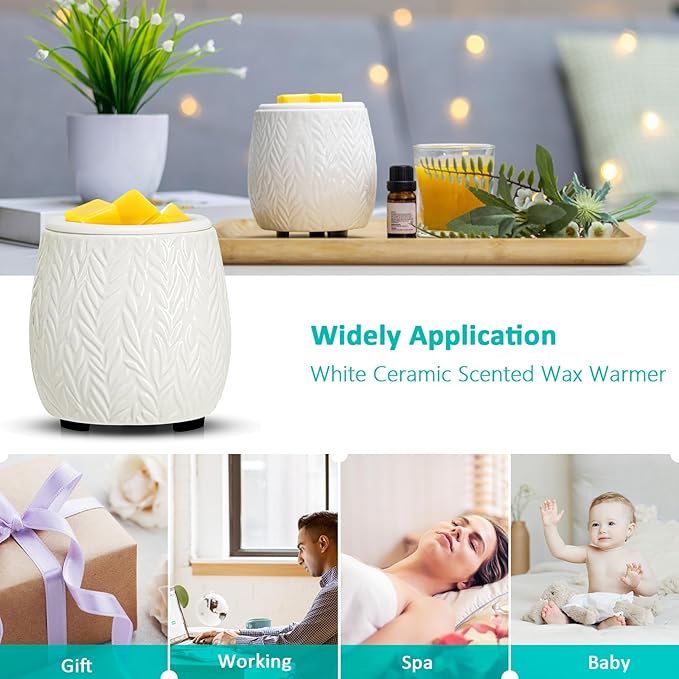 Wax Melt Warmer Ceramic Burner for Scented Cubes Electric Oil Burner Melter with Silicone Dish Fragrance Warmer for Home Office Bedroom White Leaf