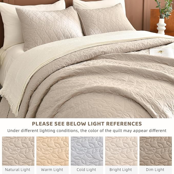 Sanracie Oversized King Quilt Bedspreads 128"*120", 100% Cotton Linen Colored Cal King Quilt Bedding Set Leaves Quilting Extra Wide Large Lightweight 3Pcs Coverlet King Size for All Season