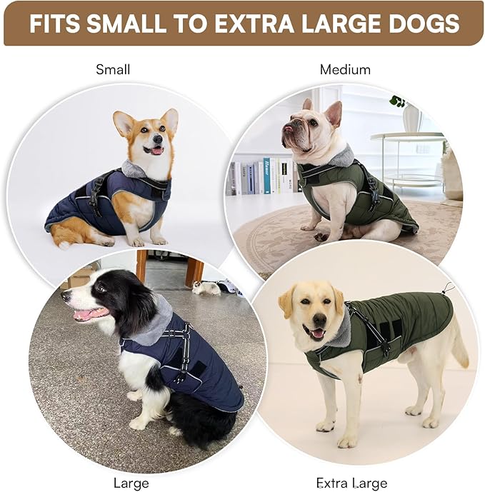 Queenmore Small Winter Dog Coat with Harness Built-in, Waterproof Winter Jackets for Small Dogs, Puppy Warm Puffer Jacket for Snow/Cold Weather - Fleece Reflective Easy On Hook & Loop Closure, Navy S