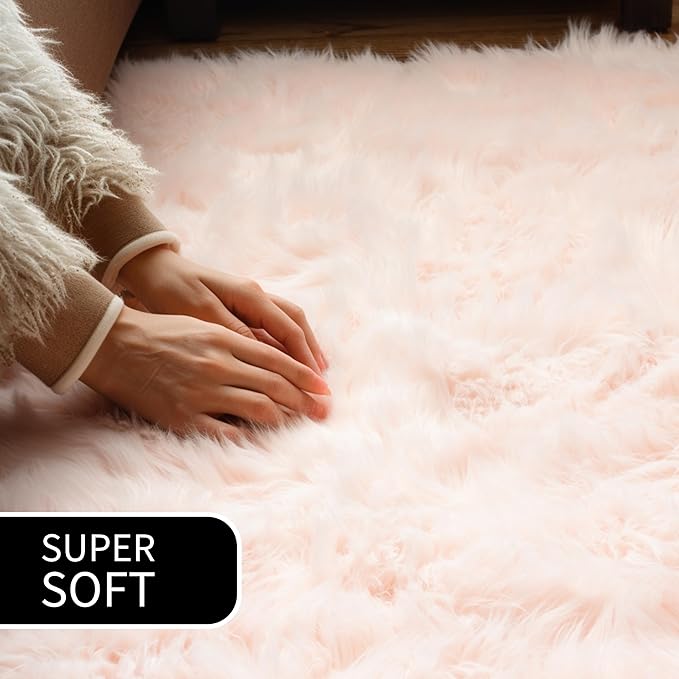 Super Area Rugs Pink Fluffy Rug - Faux Sheepskin Rug, Light Pink 2 x 3 Feet Carpet for Bedroom Living Room