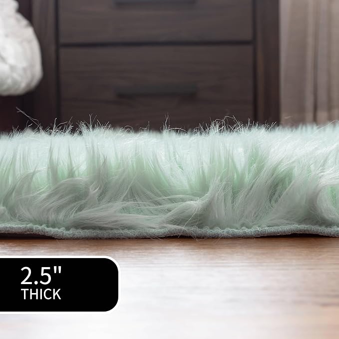 2 x 3 ft Fluffy Mint Green Rug – Soft Faux Fur Rug for Bedroom, Living Room, or Entryway – Cozy Faux Sheepskin Accent for Home Decor
