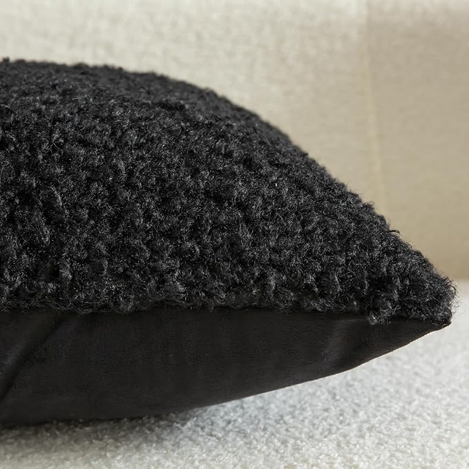 Yaertun Pack of 2 Faux Fur Throw Pillow Covers Decorative Sherpa Boucle Pillow Covers Fuzzy Soft Pillowcases Sheepskin Fleece Cushion Case for Couch Sofa Bed Living Room 16x16 Inch Black
