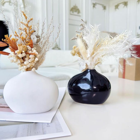 Black and White Ceramic Vase Set of 2, Cute Oval Ceramic vases, Small Modern Home Decor Flower Vase, vases for centerpieces, Bud vases for Decor, Farmhouse Small Ceramic vases Set