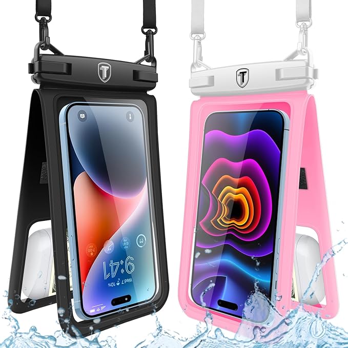 Takfox Double Space Waterproof Phone Pouch [2-Pack], Dual Large Cellphone Dry Bag Case for Samsung Galaxy S25 Ultra S24 S23 S22 A16 A15 A14 A36 iPhone 16 Pro Max Fit All Phones Up to 7"-Black/Pink
