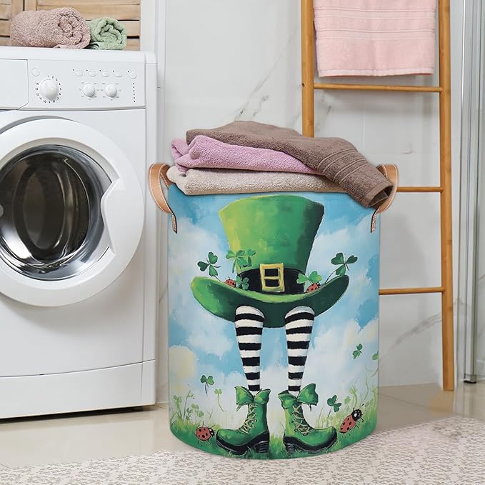St. Patricks Day Hat Shoes Laundry Basket Foldable Laundry Baskets With Leather Handles for Bedroom Bathroom Toys Decorative Basket