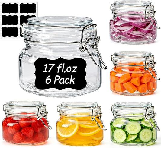 ComSaf 6 Pack 17 oz Glass Jars with Lid, Food Grade Glass Food Storage Containers with Labels Square Glass Food Storage Jars with Airtight lids, Air tight Jars for Pantry Storage & Pickling