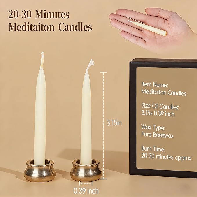 40Pcs 30 Minute Meditation Candles, White Mini Beeswax Taper Candles with Brass Candle Holders, Dripless Prayer Candles Gift for Yoga Relaxation (40, White)