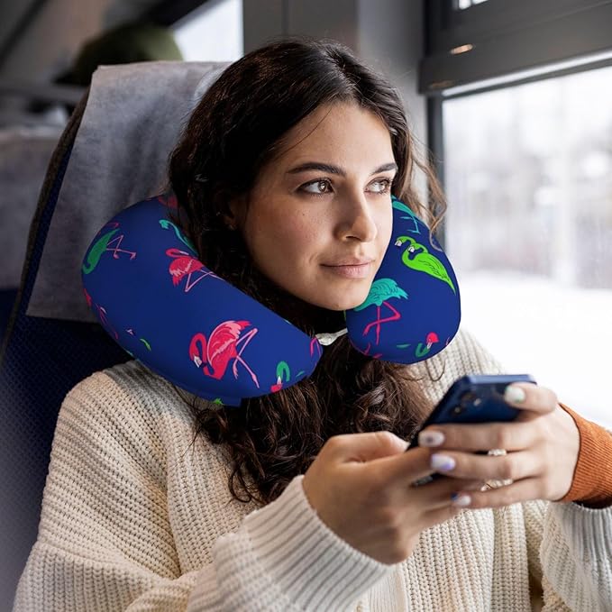Support Neck Pillow for Youth Travel, Washable Airplane Chin Supporting and Relax U Shaped Pillows Teal Pink Flamingo Blue