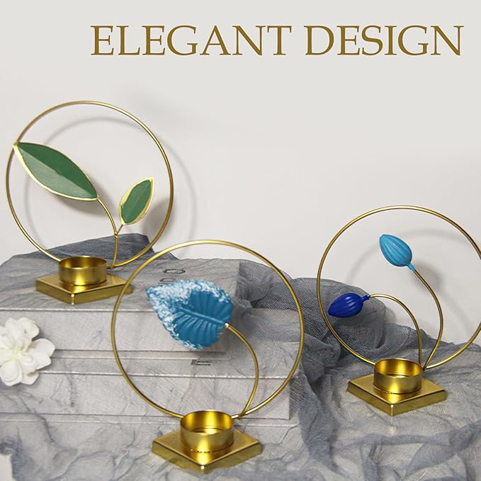 2-Pack Brass Floral Candle Holders – Elegant Leaf Design Tealight Holders for Table Centerpieces, Wedding, Housewarming & Holiday Décor (Blue Flower)