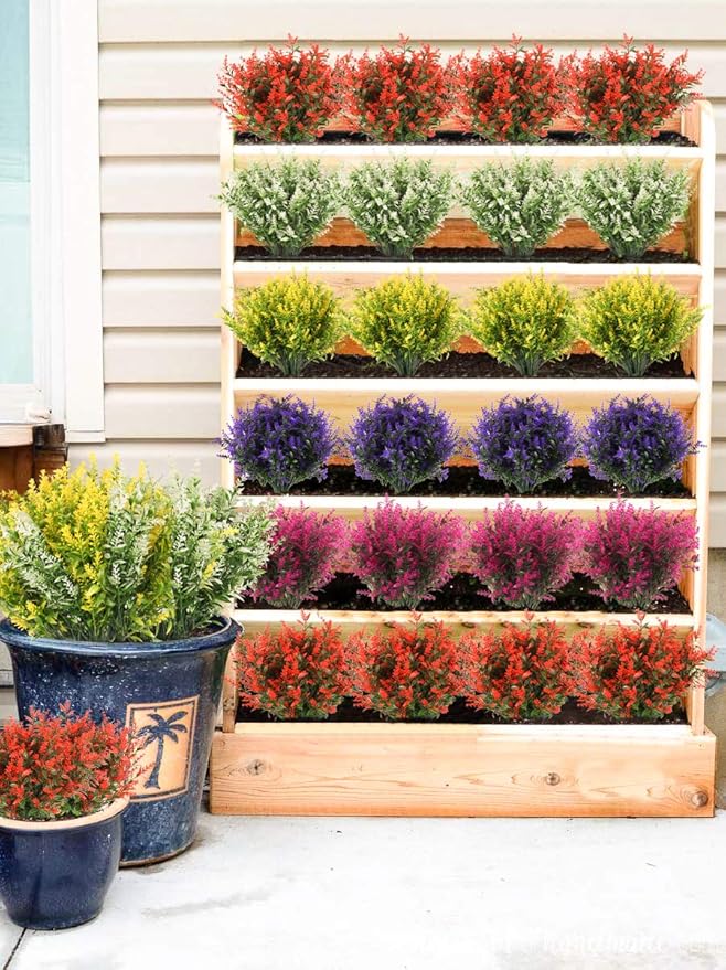 RECUTMS 8 Bundles Artificial Flowers Fake Outdoor Plants Faux Lavender Flower Plastic Shrubs Faux Flowers Fake Ferns Winter Artificial Fowers for Outdoors Indoor Outside Hanging Decorations (Fuchsia)