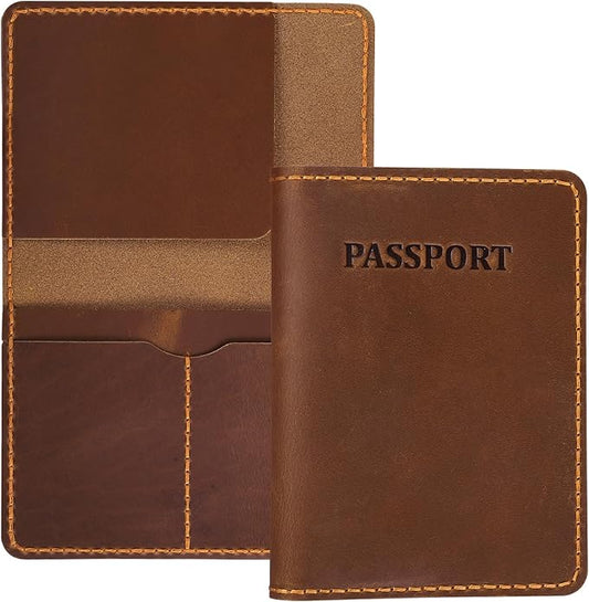 Genuine Leather Passport Holder for Travel,RFID Blocking Passport Cover, Men Passport Wallet, Folding Passport Clip with One Pocket, Two Card Slots, And One Passport Pocket(Bourbon Brown)