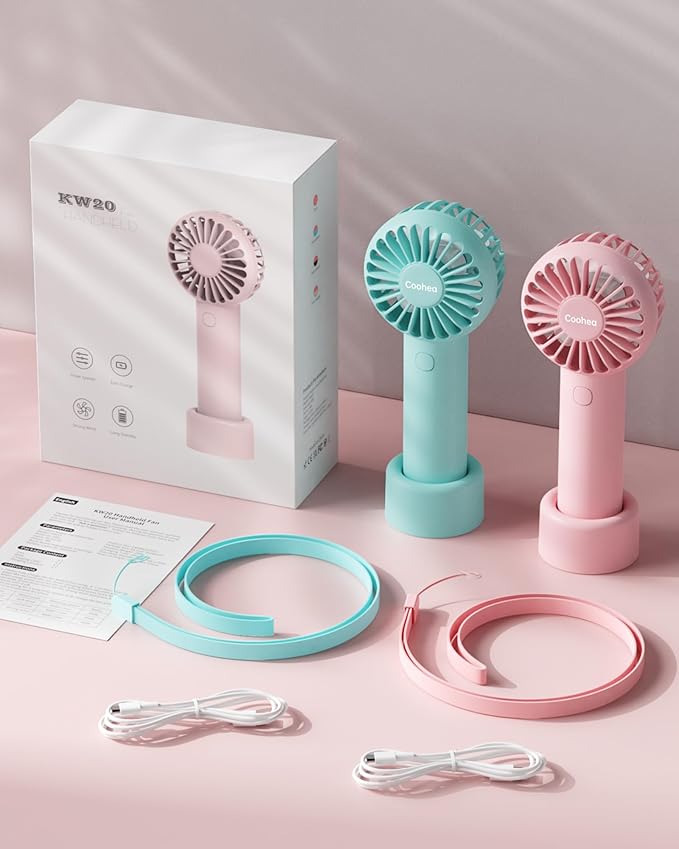 Coohea 2-Pack Pink & Blue Handheld Fan, Small Cute Design, 3 Powerful Speeds, Operated by USB/Rechargeable Battery, Personal Portable Fan with Base & Lanyard, for Eyelash Makeup Travel Beach Office