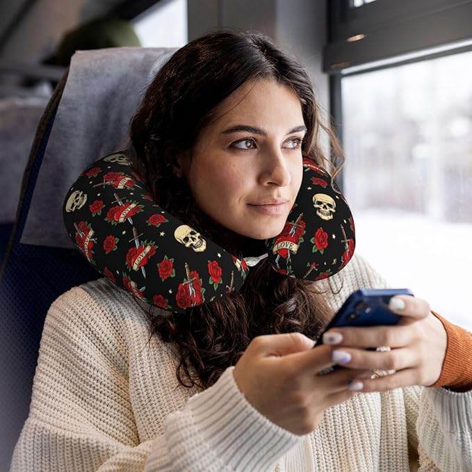Neck Pillows for Travel Red Rose Sugar Skulls Flowers Floral, Women and Men Airplane Car Pillow, Neck Support U Shaped Pillow for Rest Pain Relief Sleeping