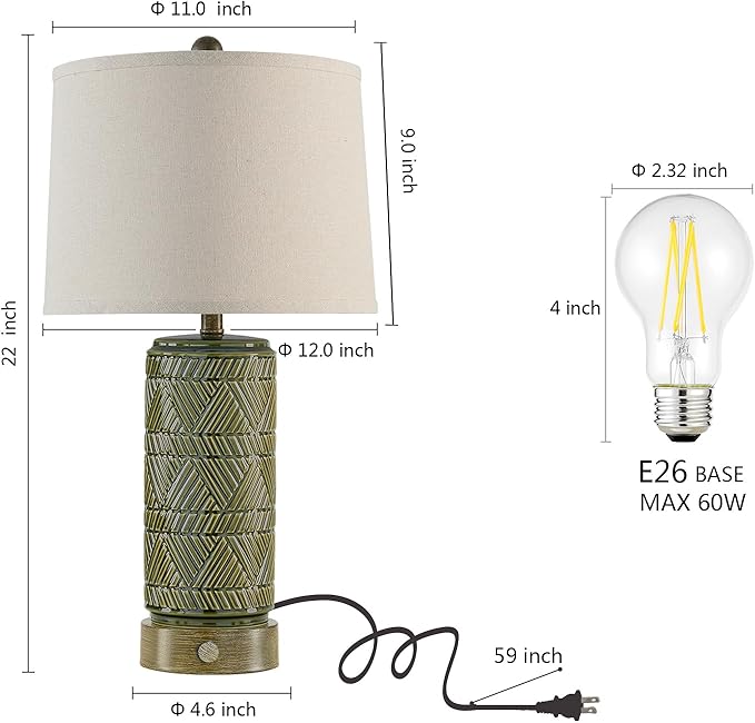 RORIA Set of 2 Retro Touch Table Lamps for Living Room Bedroom, 3 Way Dimmable Nightstand Lamp with 2 USB Port, Farmhouse Rustic Ceramic Desk Lamps for End Table Bedside, LED Bulbs Included