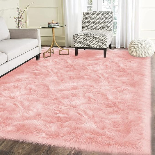Latepis Pink Rugs for Living Room Shag 6x8 Faux Fur Sheepskin Rug for Sofa Bedroom Fluffy Washable Furry Plush Rug, Rectangle