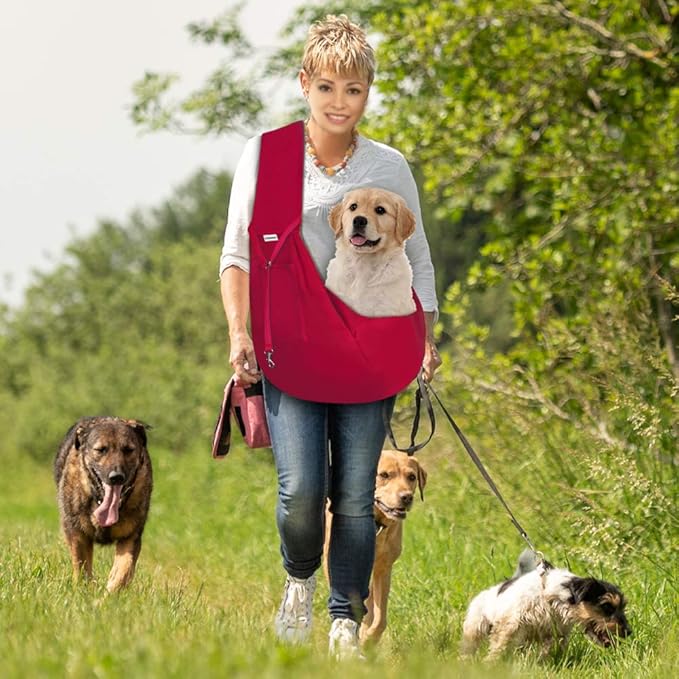 FDJASGY Small Pet Sling Carrier-Hands Free Reversible Pet Papoose Bag Tote Bag with a Pocket Safety Belt Dog Cat for Outdoor Travel (Red)