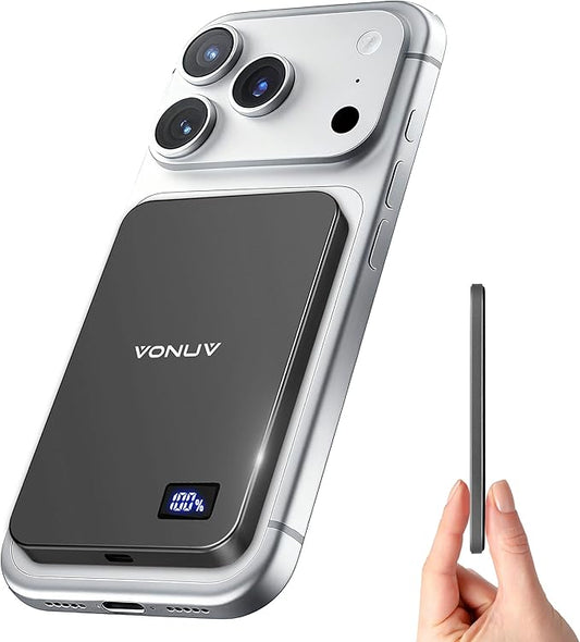 Magnetic Portable Charger 5000mAh, 15W Ultra Slim Wireless Portable Charger, Fast Charging for iPhone 17/16/15/14/13/12 Pro/Pro Max/Plus, Metal Shell, USB-C Cable to Charge Other Phones (Grey)