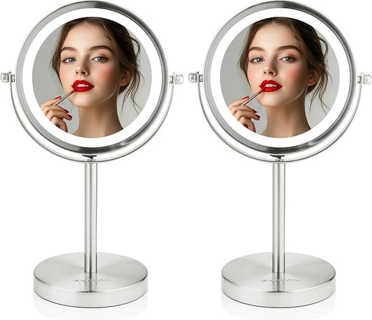 OVENTE Lighted Vanity Mirror 6 Inch Table Top 1X 7X Magnification LED 360 Adjustable Double Sided Spinning Personal Makeup Stand Desk Bathroom Battery Powered Round Large Nickel Brushed MLT60BR1X7X