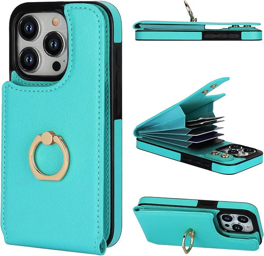 Folosu Compatible with iPhone 15 Pro Case Wallet with Card Holder, 360°Rotation Finger Ring Holder Kickstand, RFID Blocking Leather Protective Double Buttons Shockproof Cover 6.1 Inch Green