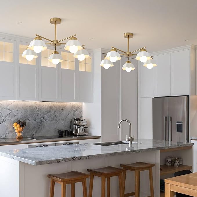 5-Light Modern Chandelier Large Opal White Glass Sputnik Pendant Light Fixture Brass Semi Flush Mount Ceiling Light Vintage Living Room Close to Ceiling Chandelier Light for Bedroom MCL08-5 GD
