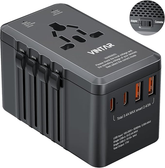 220V to 110V Travel Voltage Converter, VINTAR 2000W International Universal Voltage Converter US to Europe Adapter with 4 USB Ports (2 USB C), Step Down Power Converter Adapter Combo for US EU UK AUS