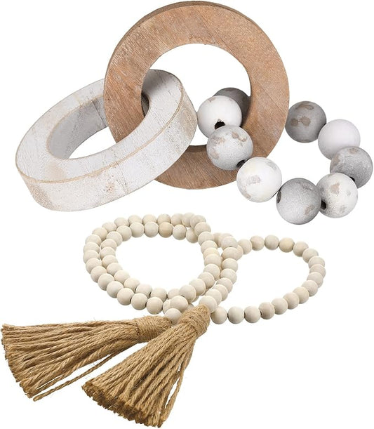 2 Pieces Decorative Wood Knot Link Chain Decor and Bead Garland Set Farmhouse Aesthetic Natural Wooden Knot Chain Link Wood Bead for Boho Country Home Table Decor(Retro Colors)
