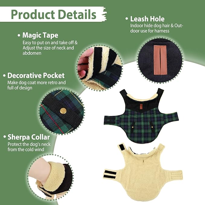Winter Coat for Small and Medium Dogs, Puppy Plaid Jacket, Cotton Coat for Cold Weather, Windproof Warm Dog Garments, Pet Thickened Outfits Indoor Outdoor, Green M