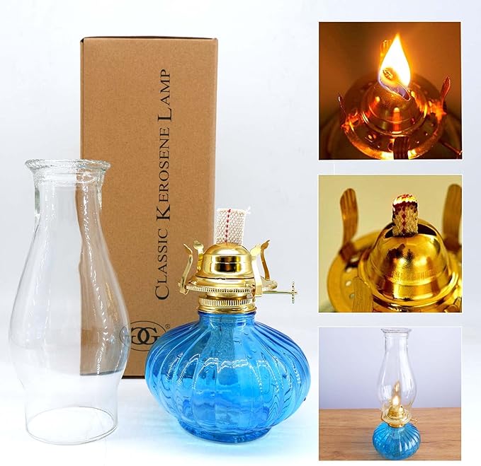 Large Oil Lamp for Indoor Use,Rustic Kerosene Lamp with 2 Pcs Wicks and 1 Tweezers,Glass Hurricane Lantern for Home Emergency Lighting (Blue)