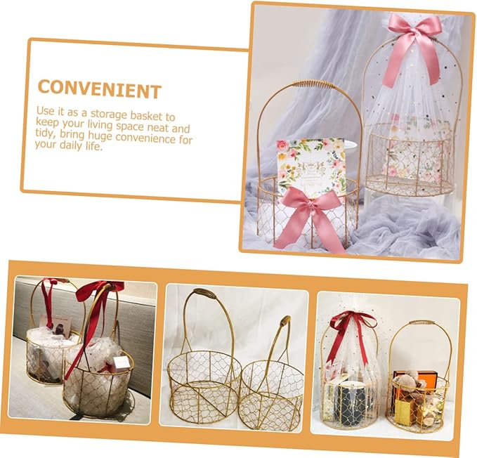Flower Basket with Handle Decorative Iron Wire Storage Basket for Wedding Fruits Home Organization Stylish Round Design for Home Decor Present Giving