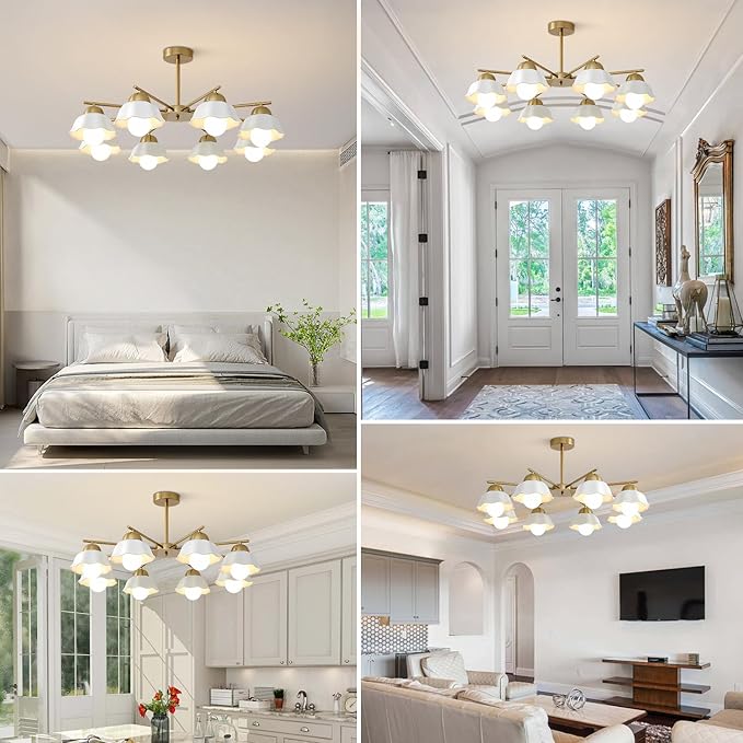 8 Lights Gold Sputnik Chandelier Light Fixture Large Mid Century Modern Milk Glass Sputnik Ceiling Lighting Fixtures Nordic Semi Flush Mount Ceiling Light Fixture for Living Room MCL08-8 GD