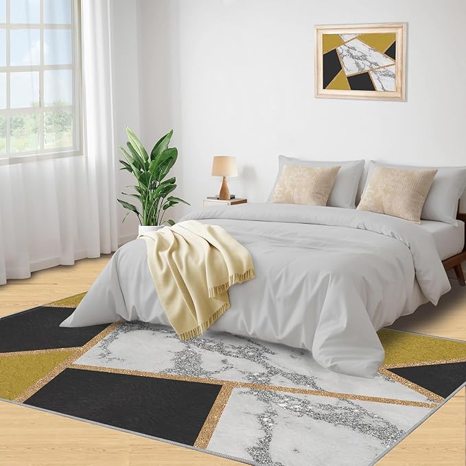 Geometric Area Rug Abstract Marble Texture Rugs Geometric Marble Area Carpet Simple Light Luxury Line Rug Machine Washable Rugs with Backing for Bedroom 5x8ft
