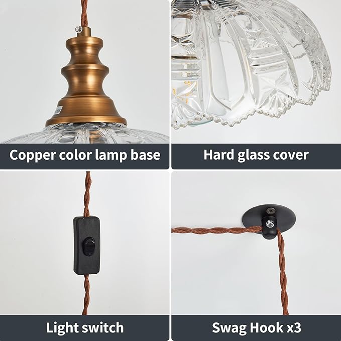 Plug in Pendant Light Industrial Pendant Lighting with Plug in Cord 9.8ft Hanging Lamps Clear Glass Shade ‎Bronze Light Fixture for Living Room Kitchen Dining Room Bedroom