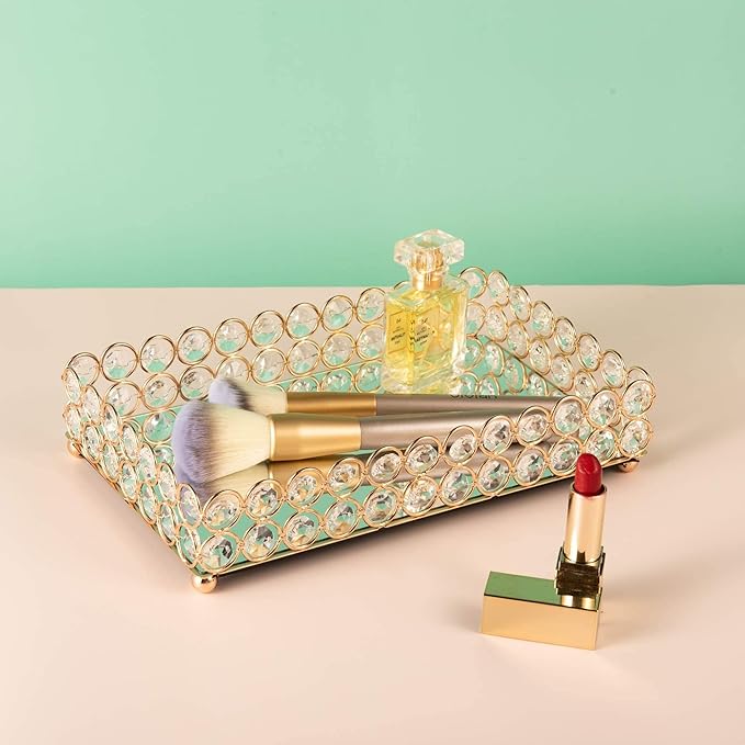 Feyarl 10 Inch Crystal Cosmetic Perfume Tray Vanity Makeup Jewelry Trinket Organizer Mirrored Decorative Tray Storage Home Deco Wedding Dresser Birthday Gift (Gold)