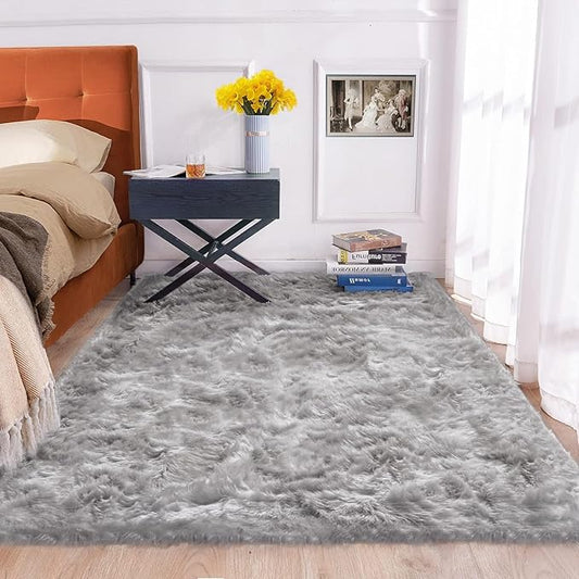 Gray Furry 5x7 Area Rugs for Bedrooms Faux Sheepskin Fur Rug Washable Carpet for Living Room Shag Nursery Rug