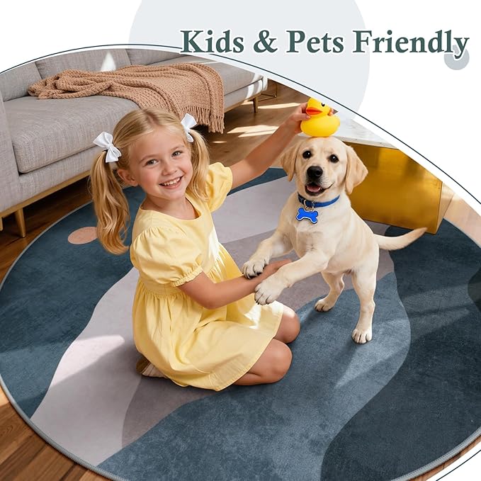 4ft Abstract Round Area Rug,Chic Faux Wool Washable Non-Slip Sun and Mountain Circle Rug,Soft Ultra-Thin Throw Rugs for Living Room/Bedroom/Office/Entryway/Kitchen(Blue)