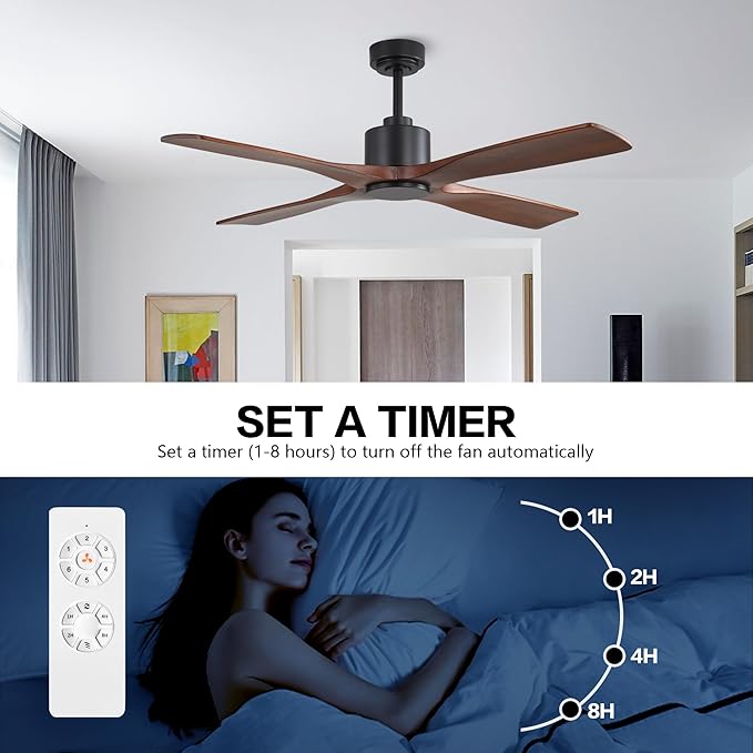 WINGBO 54 Inch DC Ceiling Fan without Lights, 4 Carved Solid Wood Blades, 6-Speed Noiseless Reversible DC Motor, Modern Ceiling Fan No Light with Remote, Black Finish with Walnut Blades, ETL Listed