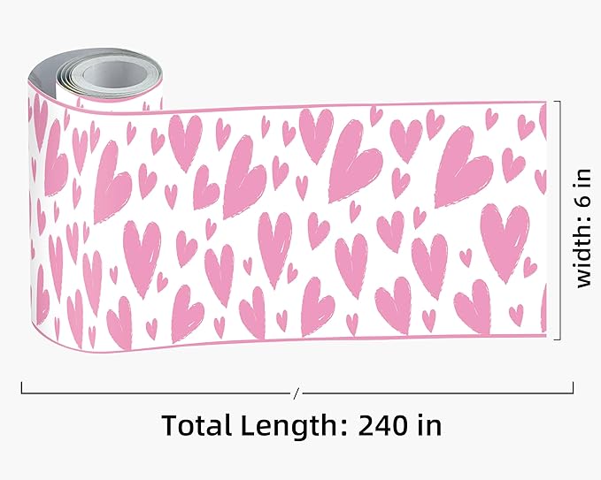 FLFK Pink Heart Wallpaper Border - Peel and Stick Wall Paper, Self Adhesive Removable PVC Borders Sticker, Modern Waterproof Trim for Home Decor, 6" x 240"