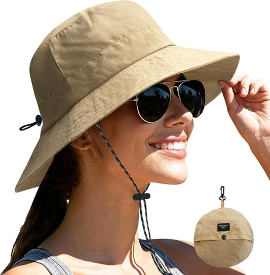 NPJY Packable Quick Dry Sun Bucket Hats for Women Lightweight Outdoor Waterproof Rain Hat with Detachable Chin Strap