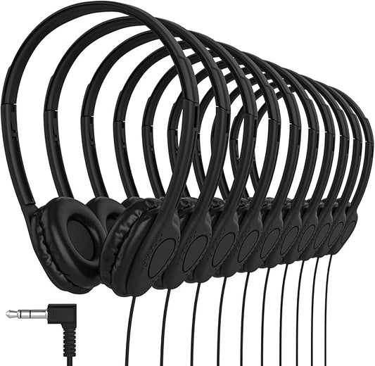 Maeline Bulk Classroom Student Headphones On Ear Stereo Headphones Adjustable Band & Faux Leather Cushions for Kids Online Learning, Library, School, Travel - 3.5mm Plug - 30 Pack - Black