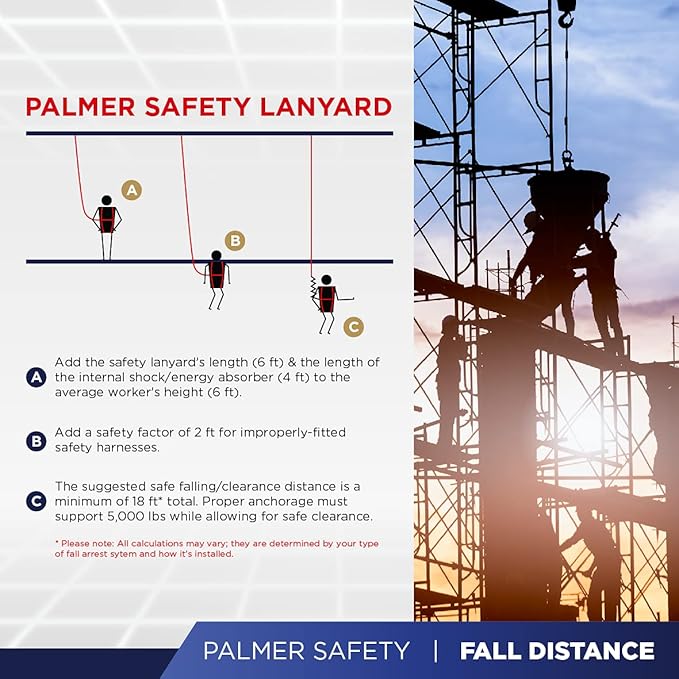 Palmer Safety L121233 6 FT Double Legs Safety Lanyard Internal Shock Absorber w/Dual Snap Hooks I OSHA/ANSI Compliant Restraint Lanyards I Ideal Use for Arborist, Roofer & Construction Workers