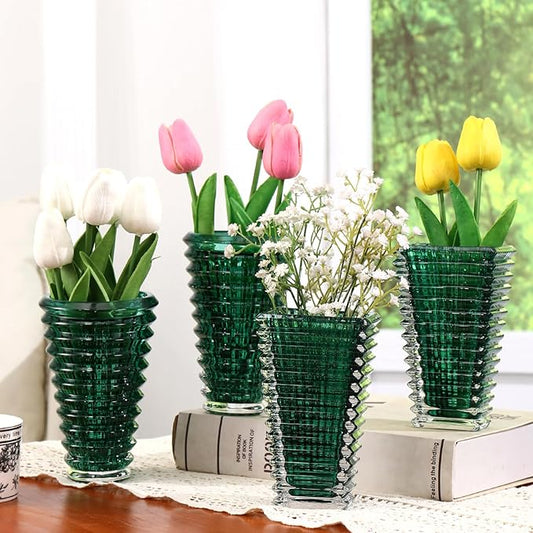 MCMCNCUIU Crystal Flower Vase Set of 4, Glass Vases for Centerpieces, Green Vases for Flowers, Small Vase for Living Room, Bedroom, Kitchen, Office, Wedding