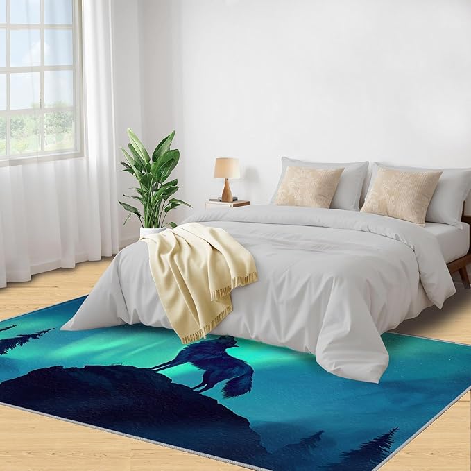 Wolf 4x6 Area Rugs for Living Room -Forest Washable Rug Aurora Non-Slip Carpet Indoor Floor Stain Resistant Thin Carpets for Bedroom Dining Room Home Office
