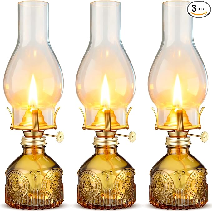 3 Pcs Yellow Chamber Oil Lamps for Indoor Use 10.6'' Vintage Kerosene Lamp Hurricane Oil Lantern Adjustable Fire Wick Decorative Lantern for Valentines Wedding Table Decor Emergency Lighting